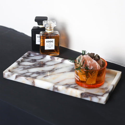 FutureStone Calacatta Viola marble makeup organizer adds timeless elegance to a vanity.
