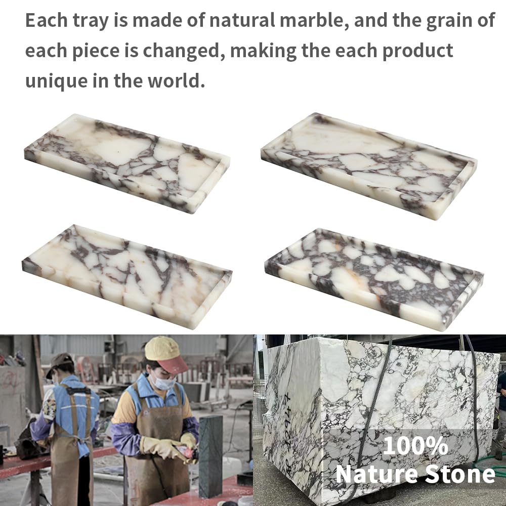 FutureStone Calacatta Viola marble towel tray close-up reveals natural texture and shine.