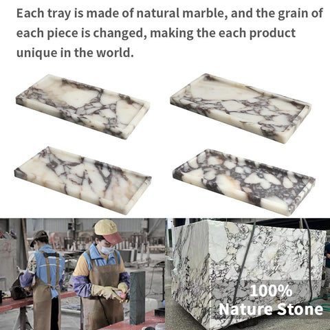 FutureStone Calacatta Viola marble towel tray close-up reveals natural texture and shine.