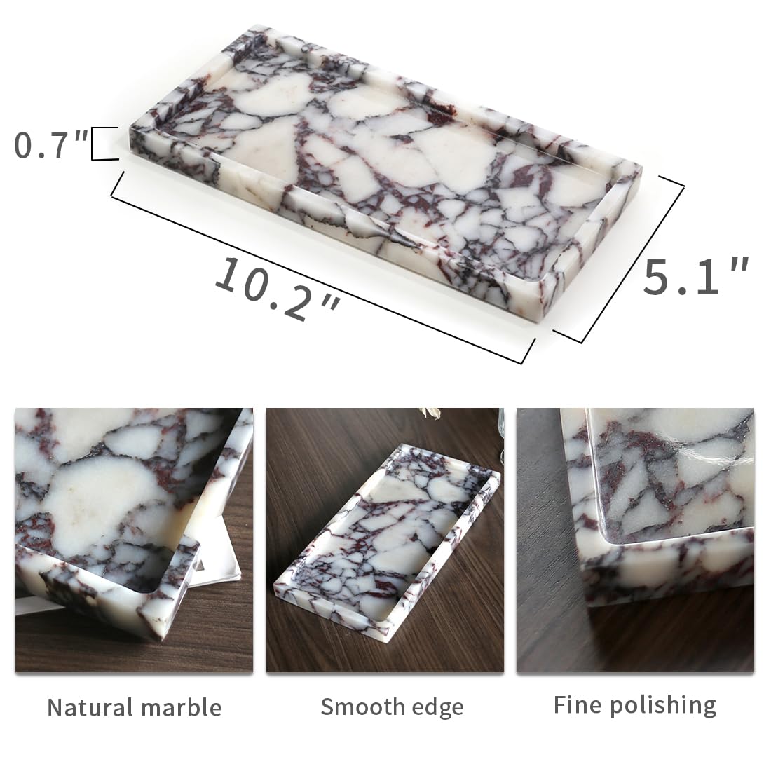 FutureStone Calacatta Viola marble towel tray on counter keeps vanity items organized.