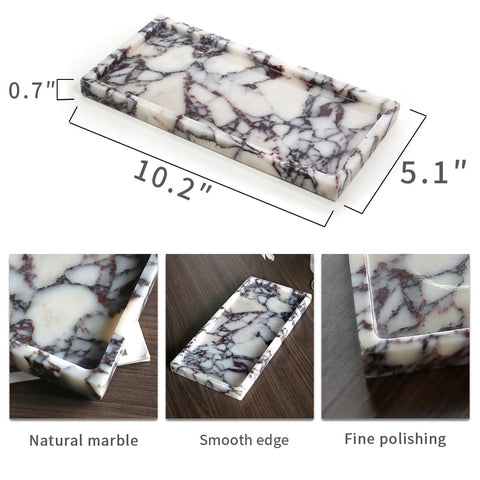 FutureStone Calacatta Viola marble towel tray on counter keeps vanity items organized.