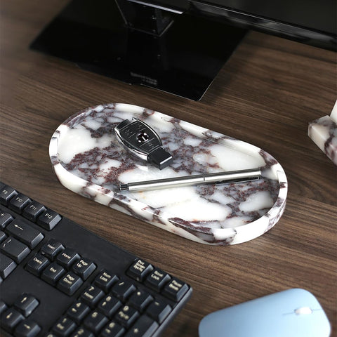 FutureStone Calacatta Viola marble tray with towels adds refined decor to vanity