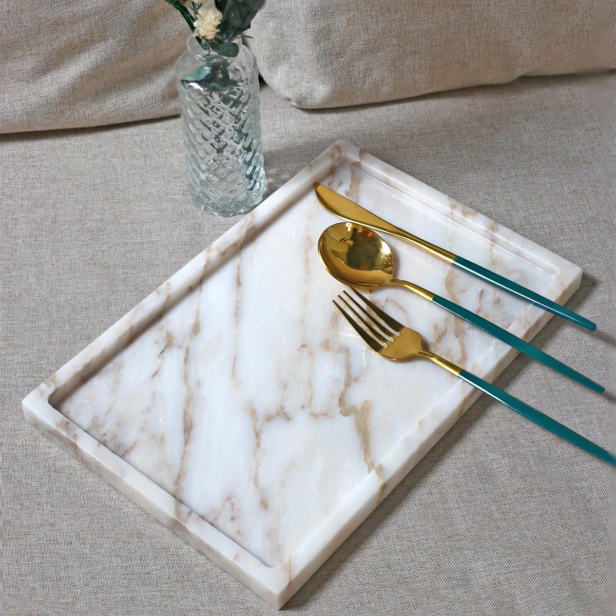 FutureStone marble tray candles and coasters create a refined display.