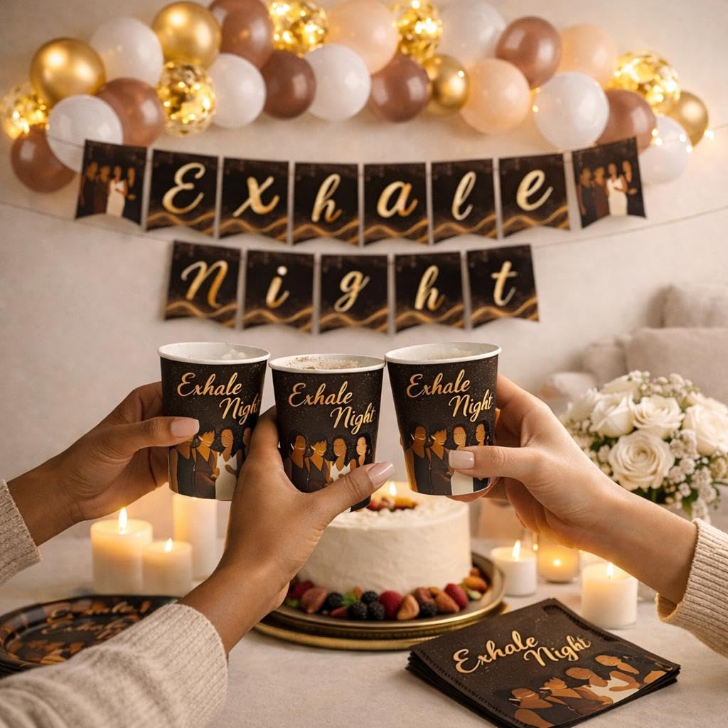 FUURY Exhale Night balloons and banner, warm gold accents for celebrations.