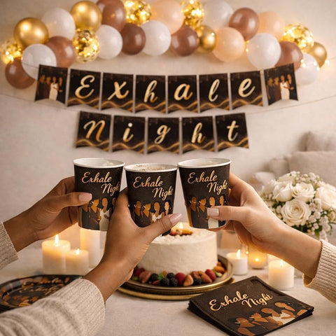 FUURY Exhale Night balloons and banner, warm gold accents for celebrations.