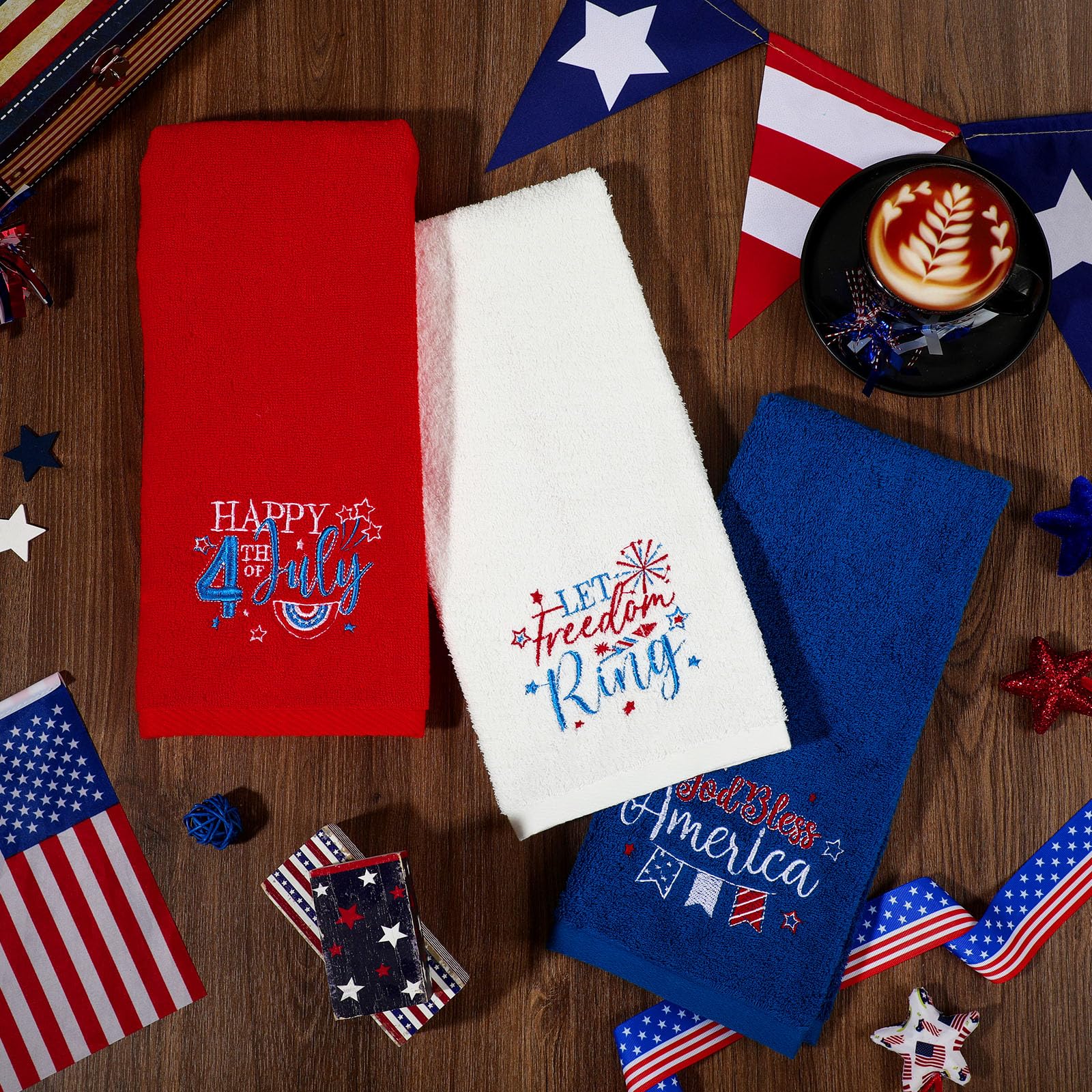 FuWeave fourth of july embroidery towels highlighting star stripes for festive kitchen and bath use.