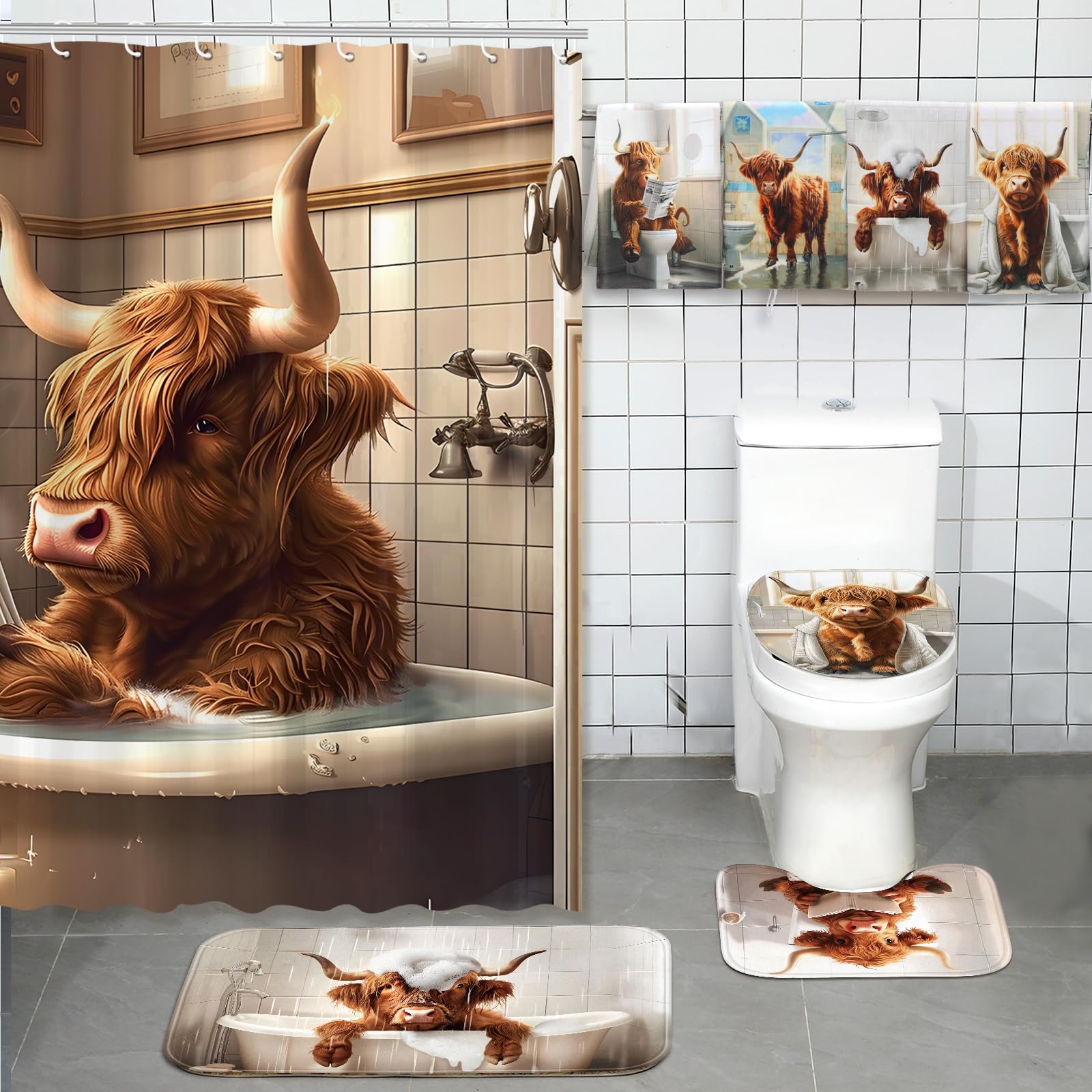 FuWeave Highland cattle bathroom decor set brings colorful charm to spaces.