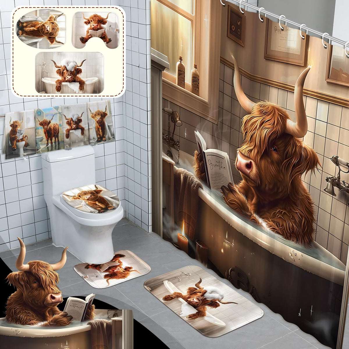FuWeave Highland cattle shower curtain with waterproof fabric for daily use.