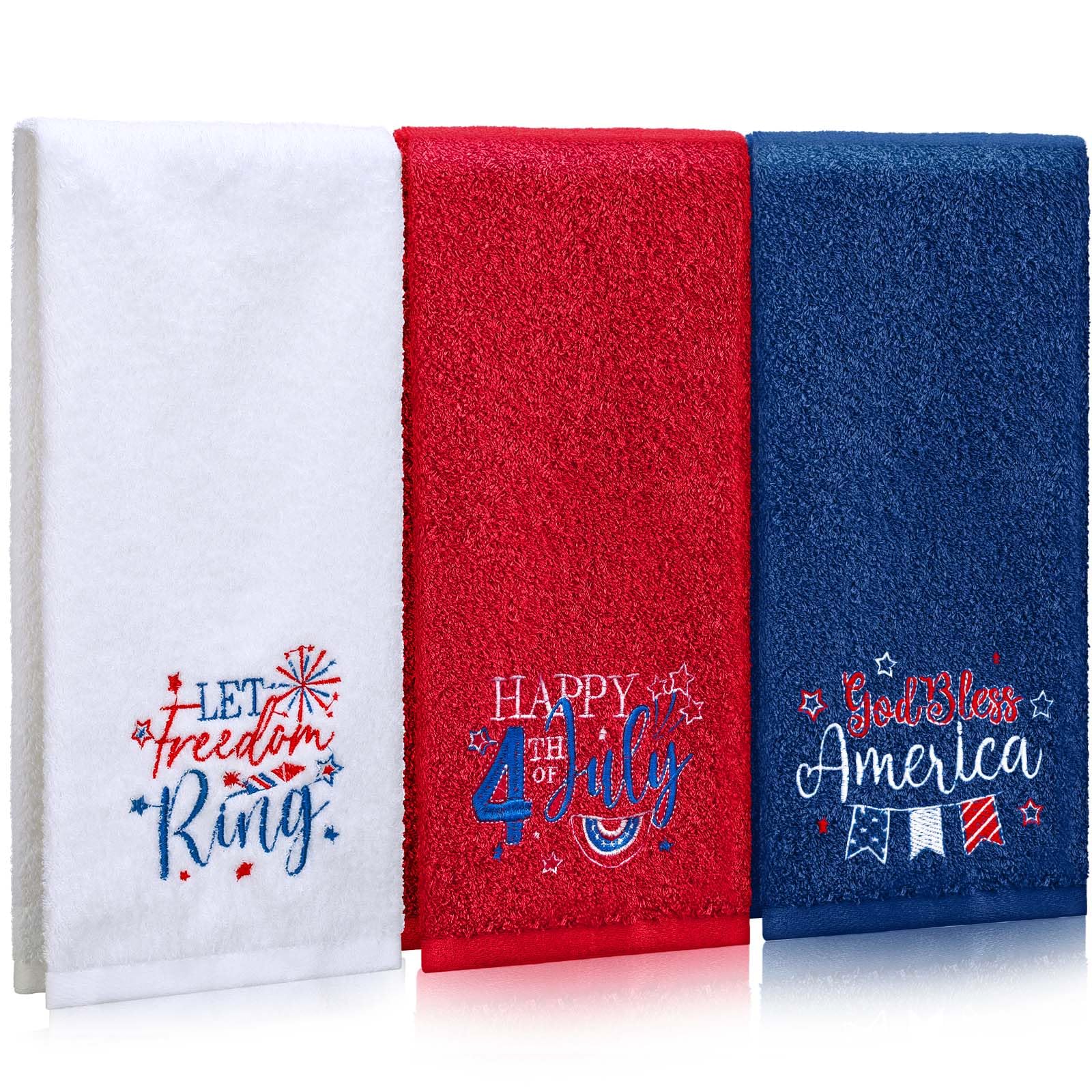 FuWeave patriotic hand towels 3pc set with bold red, white, blue accents for bathroom décor.