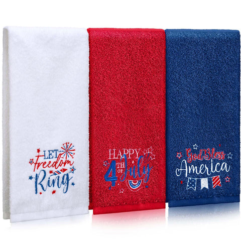 FuWeave patriotic hand towels 3pc set with bold red, white, blue accents for bathroom décor.