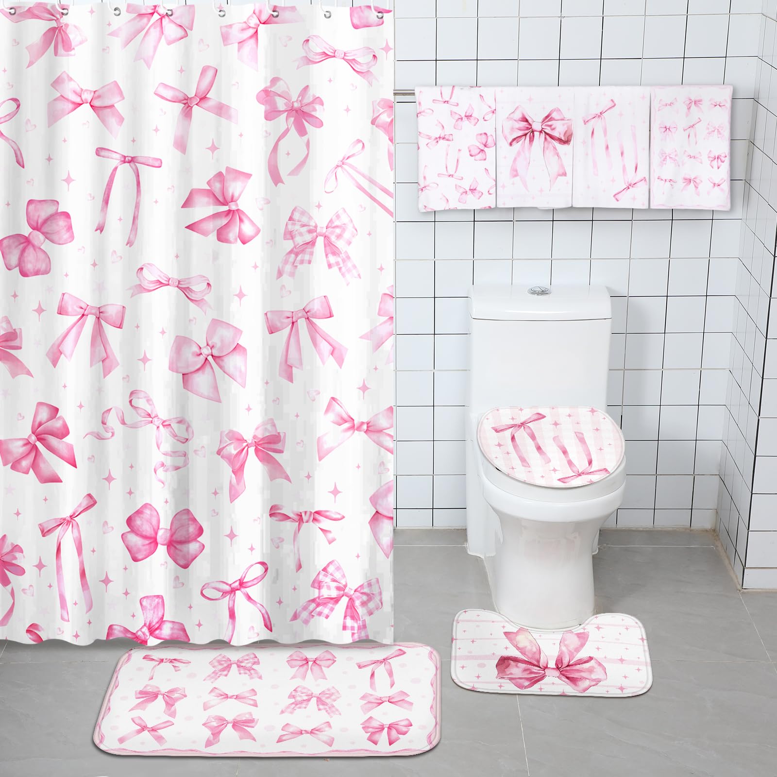 FuWeave pink bow bathroom decor ensemble creates cohesive, stylish look