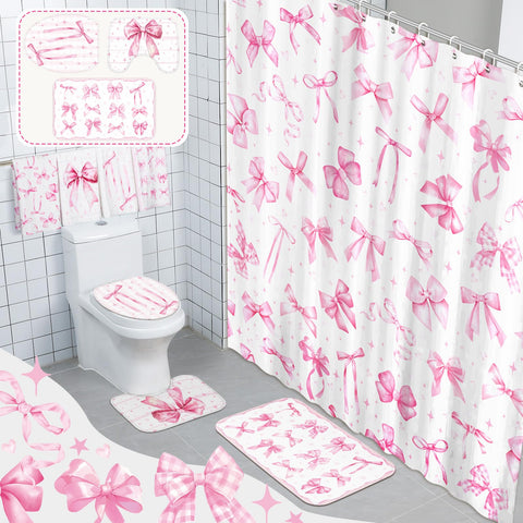 FuWeave pink bow shower curtain with 12 hooks brightens bathrooms and resists fading