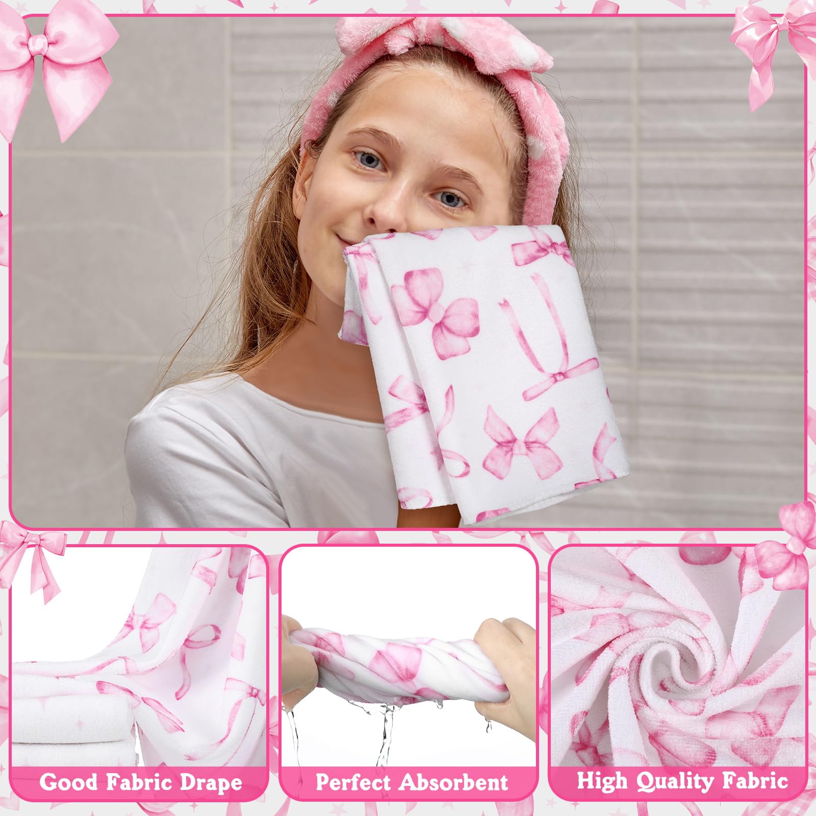 FuWeave pink bow towels set delivers soft microfiber and quick absorption