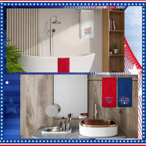 FuWeave red white blue striped towel enhances holiday bathroom ambiance.