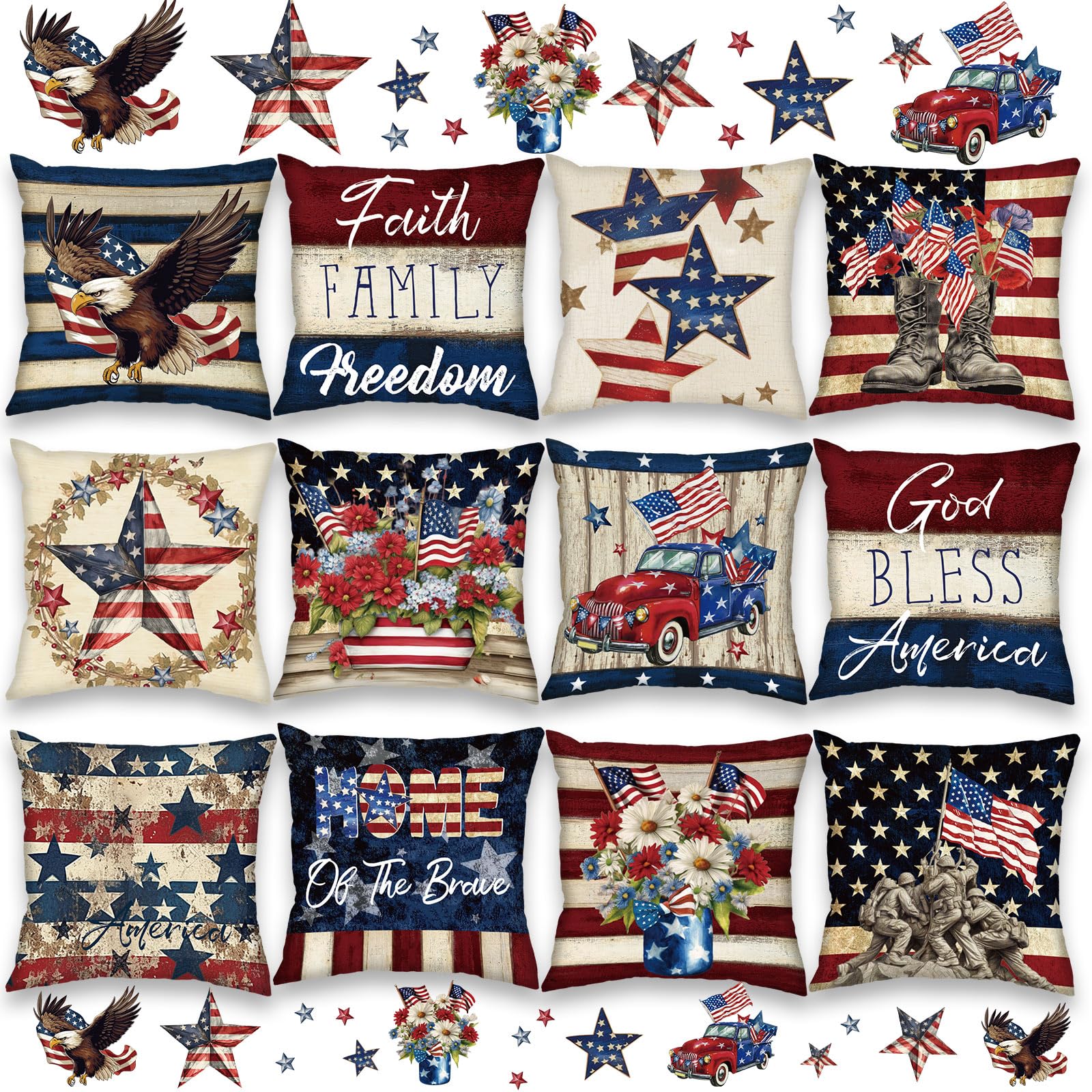 FuWeave Stars and Stripes pillow cover adds patriotic charm to sofas.
