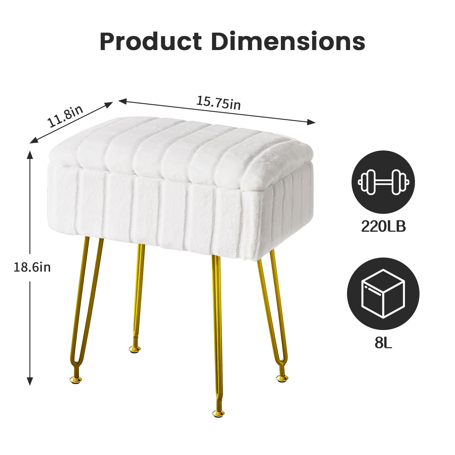 FUXA vanity stool shows plush faux fur upholstery for a cozy seating experience.