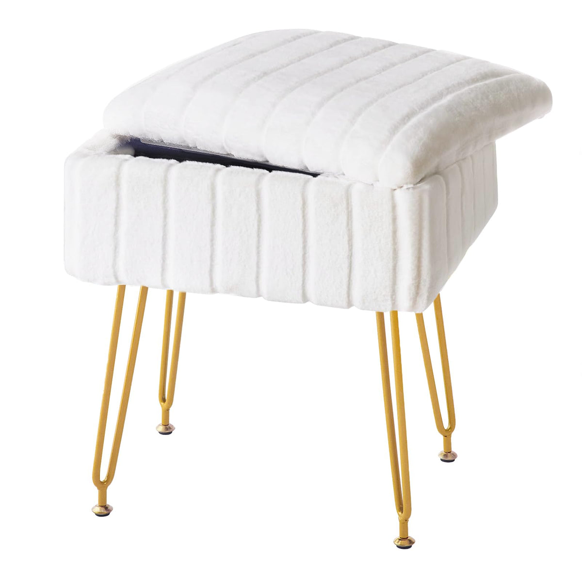 FUXA vanity stool with hidden storage stores makeup tools and accessories.