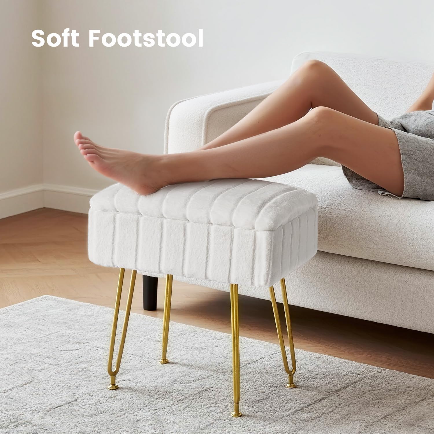 FUXA vanity stool demonstrates versatile use as chair, footrest, or small table.