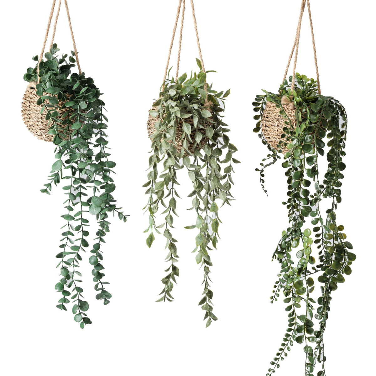 Fuxdre 3-pack hanging greens in straw baskets with lifelike texture for cozy decor and low maintenance.