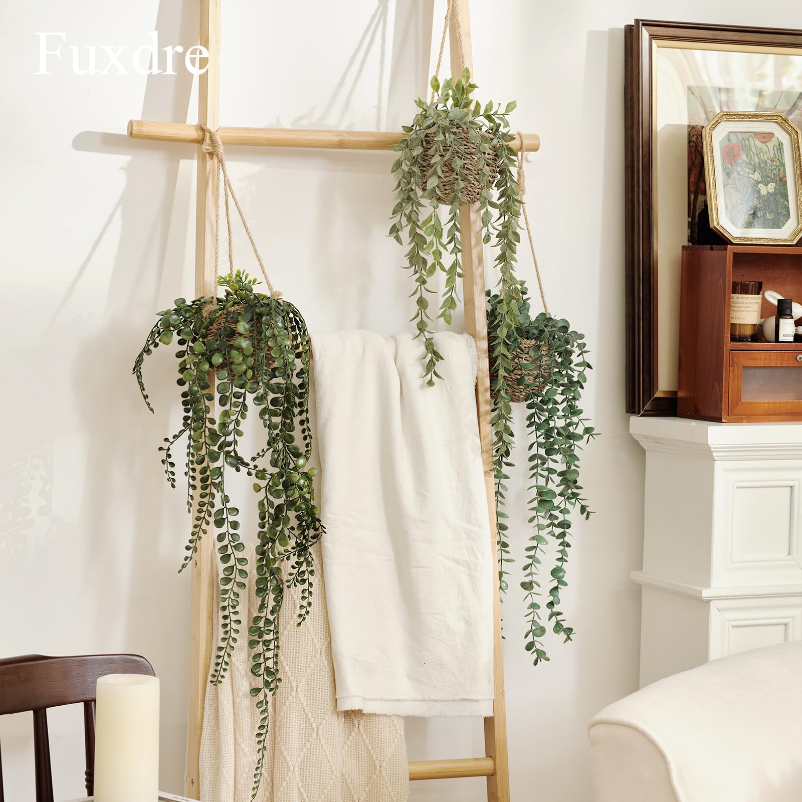 Fuxdre greenery adds versatile display on shelves mantels and windowsills.