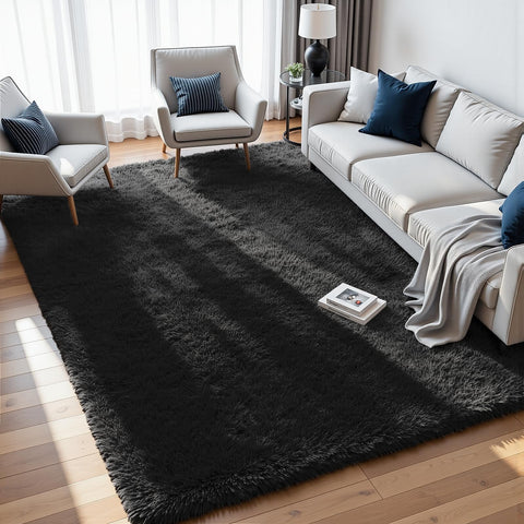 Fuzziness 8x10 area rug with soft fluffy black pile for cozy living spaces