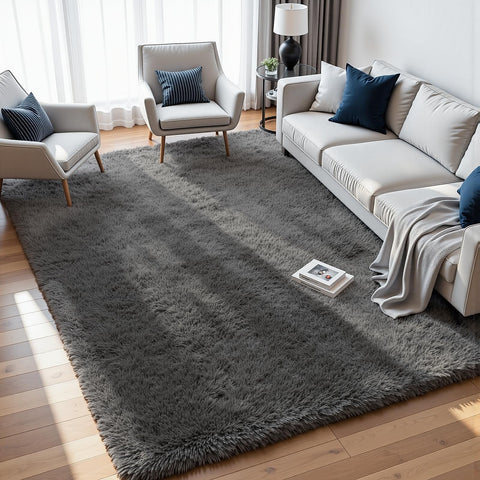 Fuzziness 8x10 area rug with ultra-soft gray pile for living room comfort.
