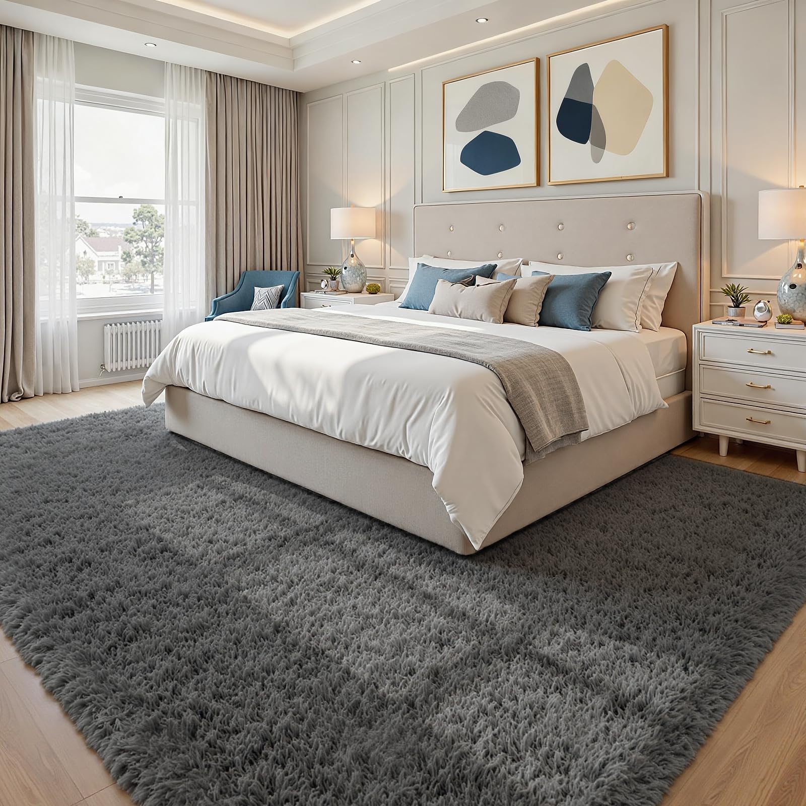 Fuzziness easy-care plush rug; wipe clean and gentle vacuum.
