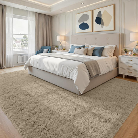 Fuzziness gray camel plush rug for bedroom enhances coziness and texture