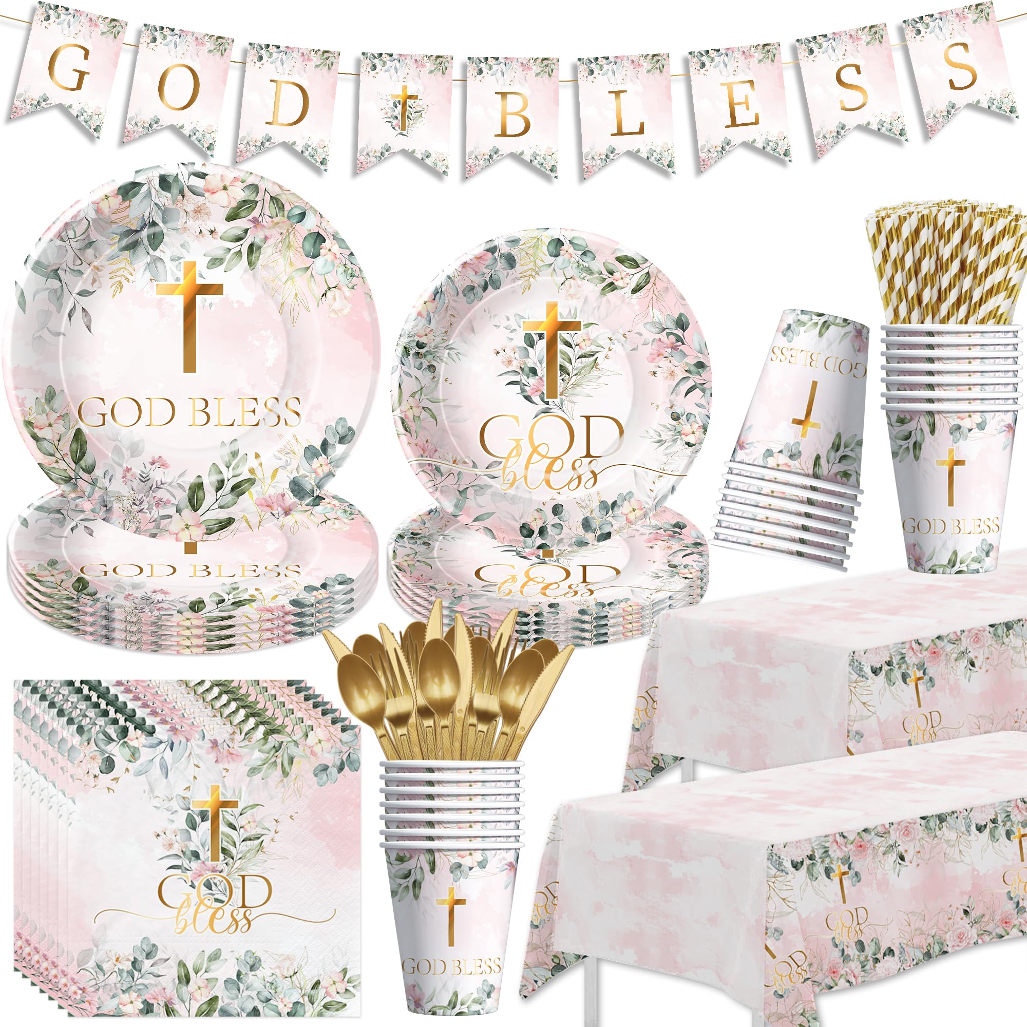 FVABO God Bless baptism banner for altar decor and photo backdrop.