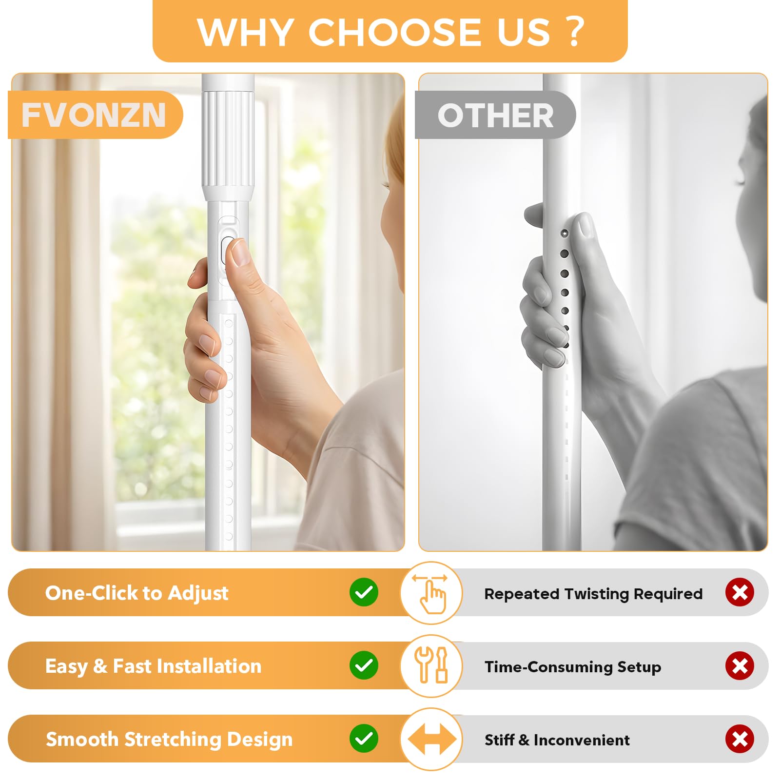 Fvonzn tension rod no-drill installation enables quick, tool-free mounting.