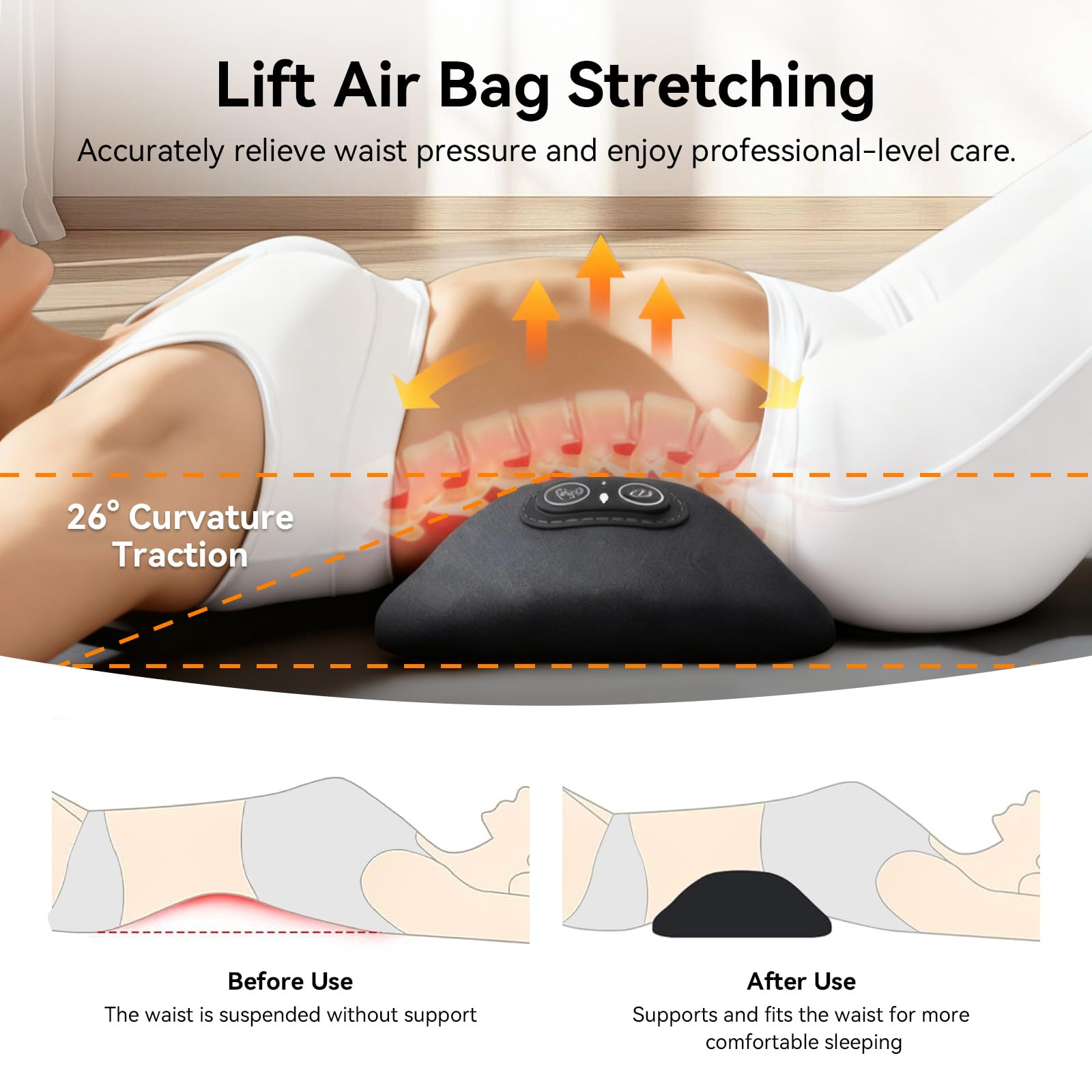 FWW adjustable-height lumbar pillow supports bed and chair setups.