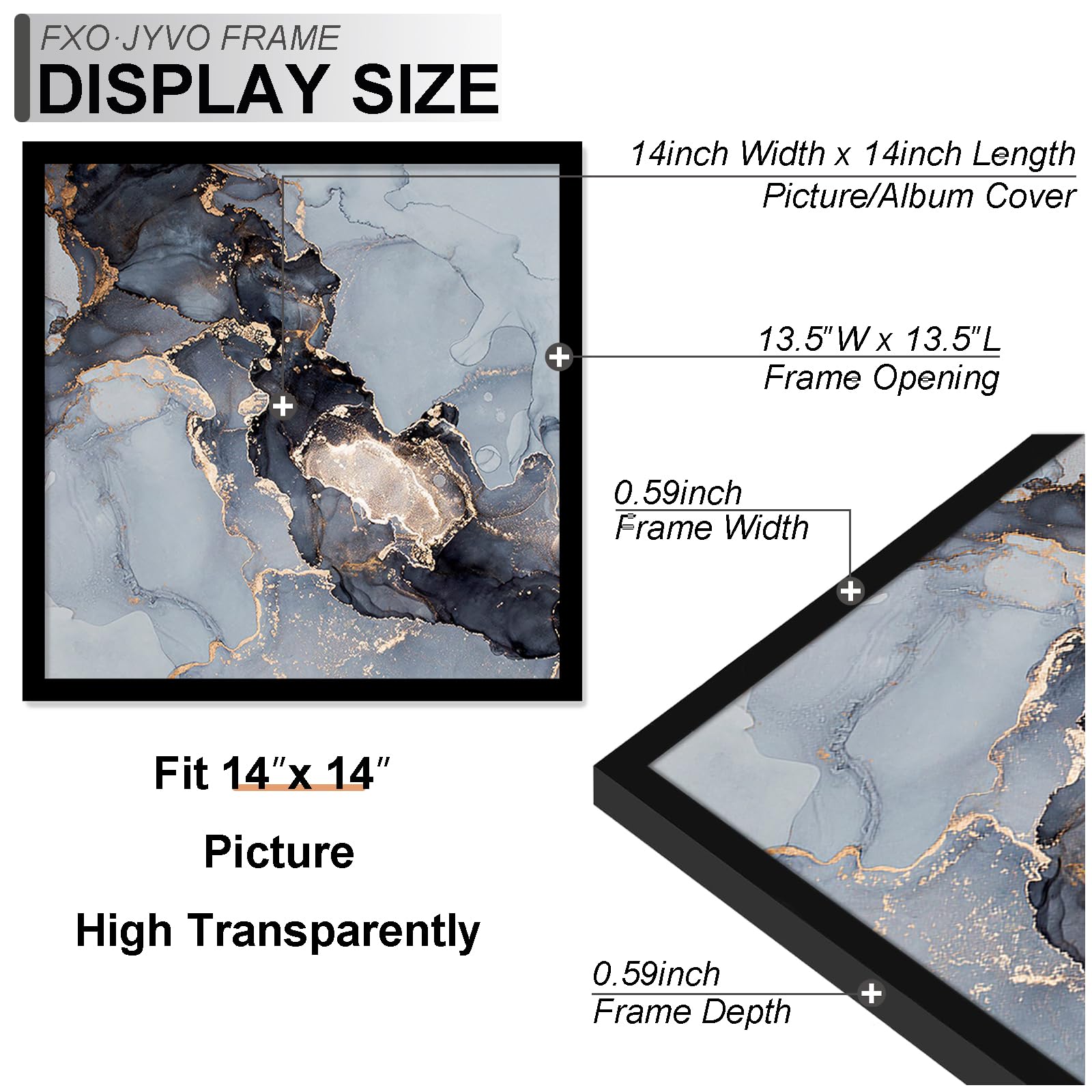 Fxojyvo 14x14 frame corner close-up reveals durable black finish.
