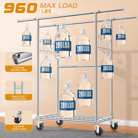 FYBEE rack with three hanging bars demonstrates ample storage capacity