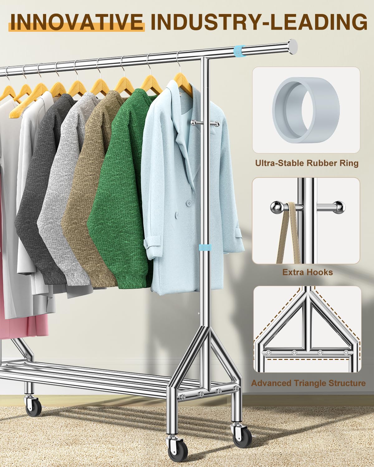 FYBEE height adjustable rack from 62 to 72 inches.
