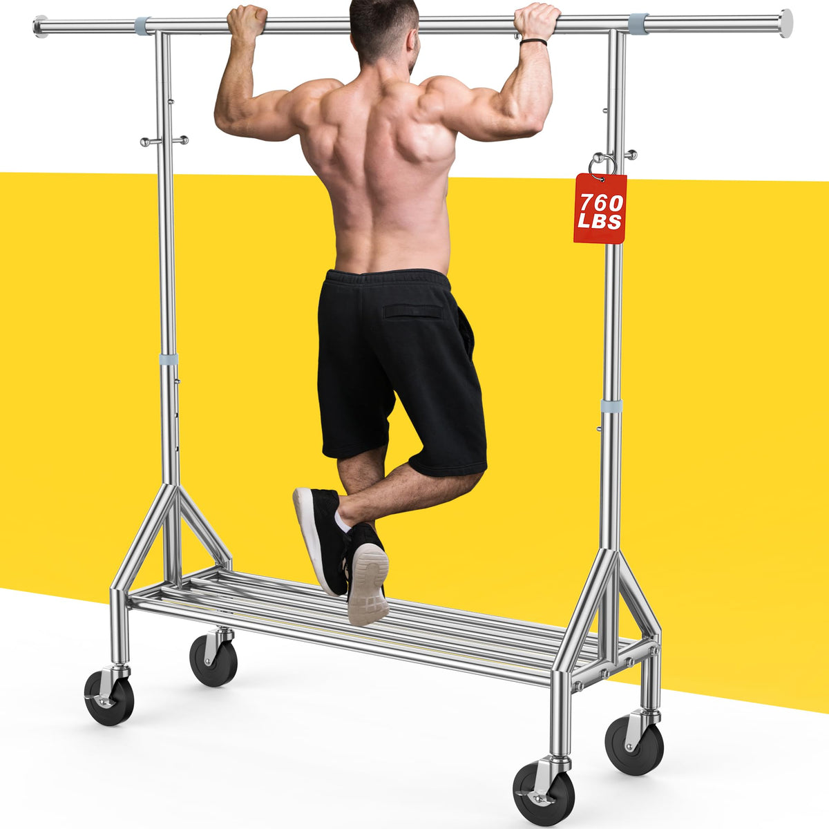 FYBEE upgraded stainless steel clothes rack with 760 lbs capacity for heavy garments.