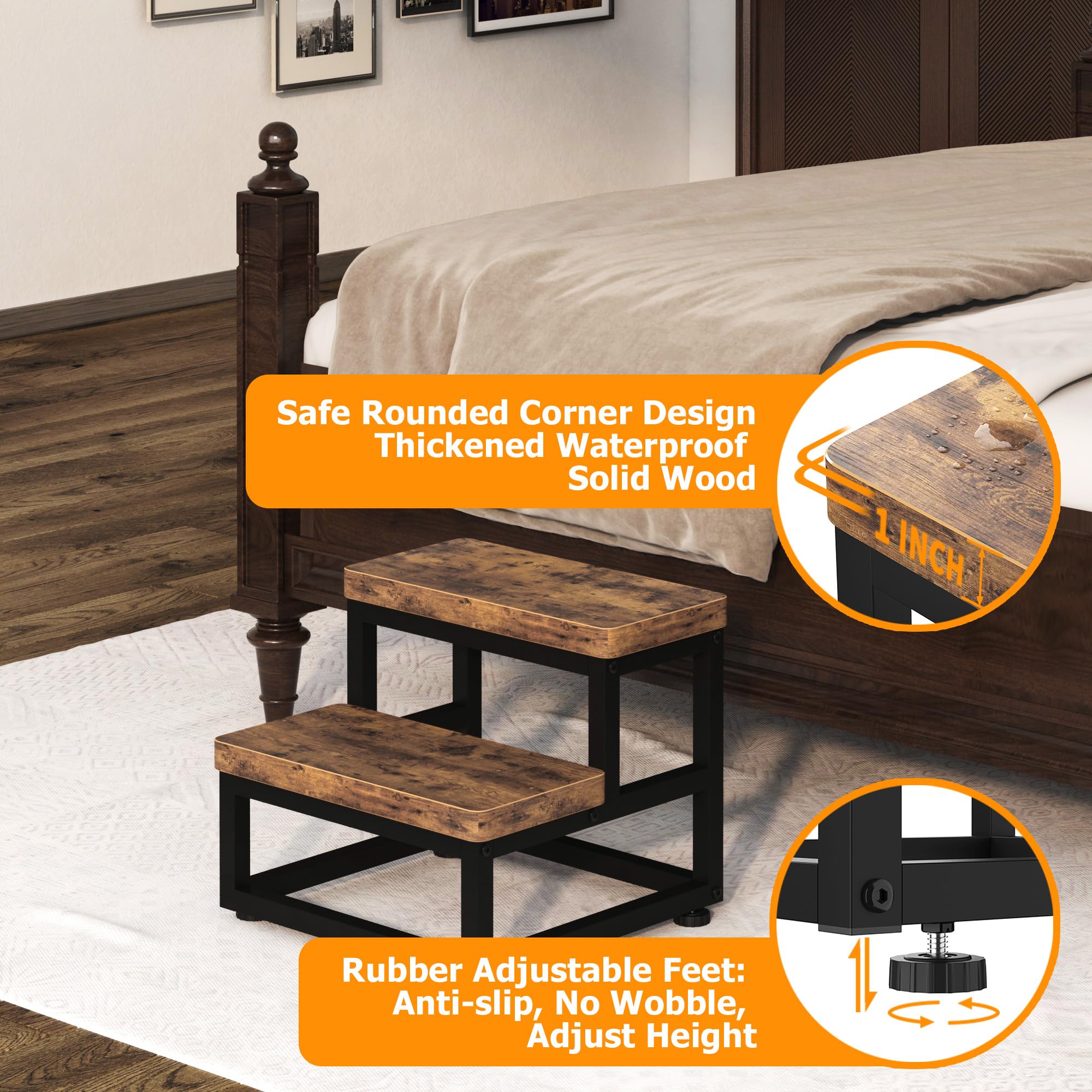 FYGUES heavy-duty wooden stool with non-slip feet on a tile floor