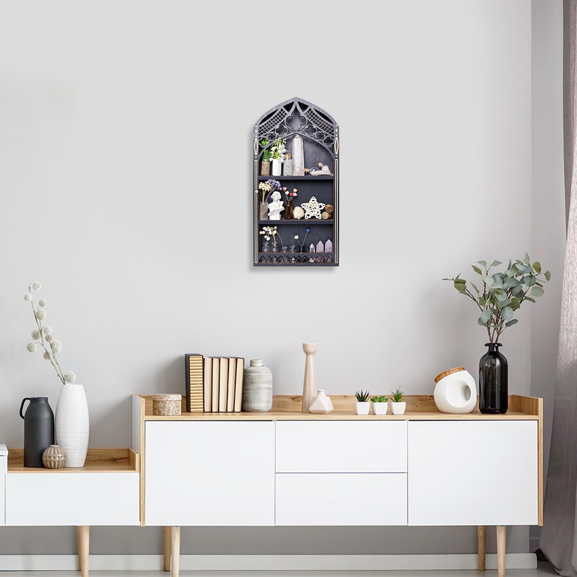 FNYDOX wooden gem stone rack with compartments for organized trinkets