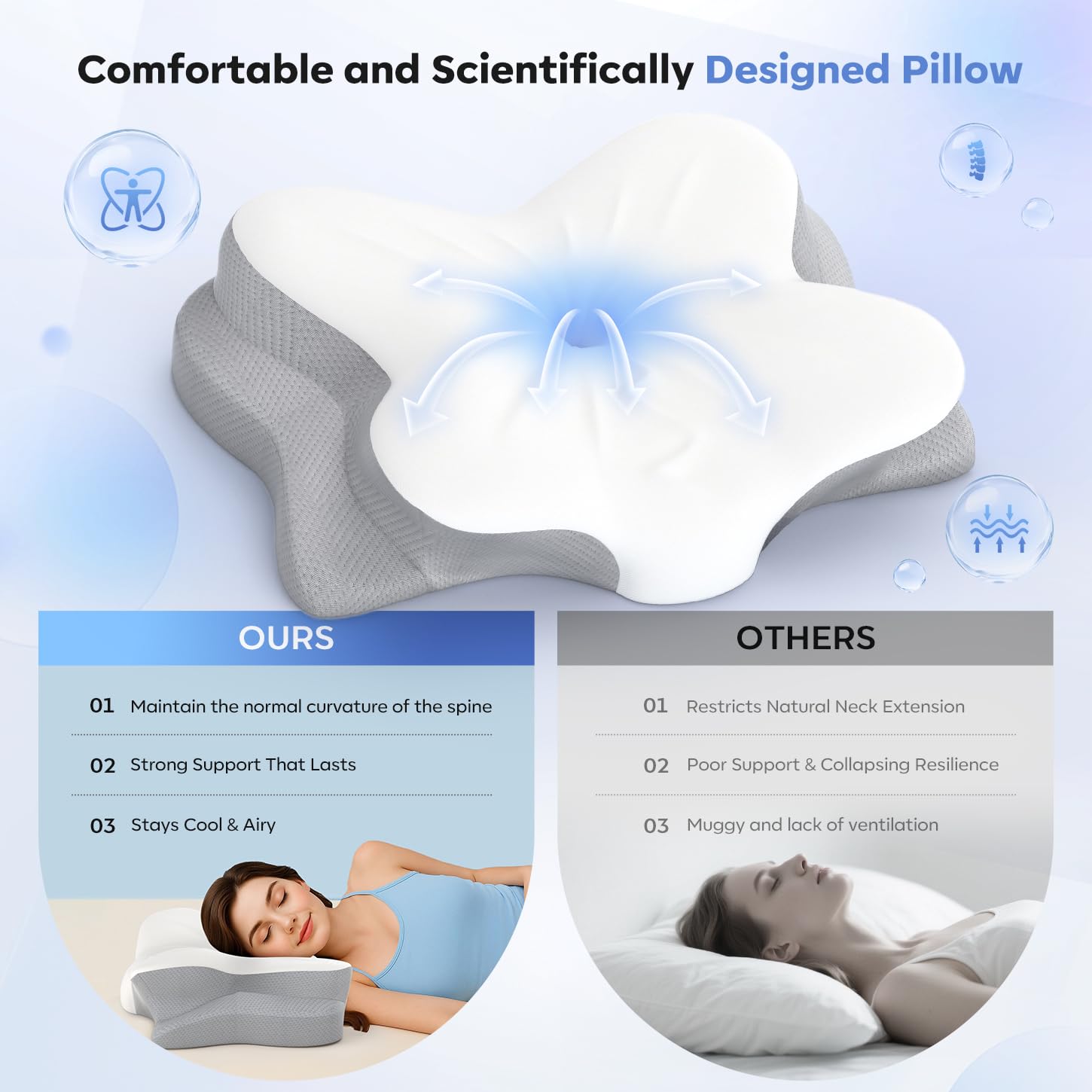 Fyova cervical neck pillow two-height contour rotated for customizable comfort