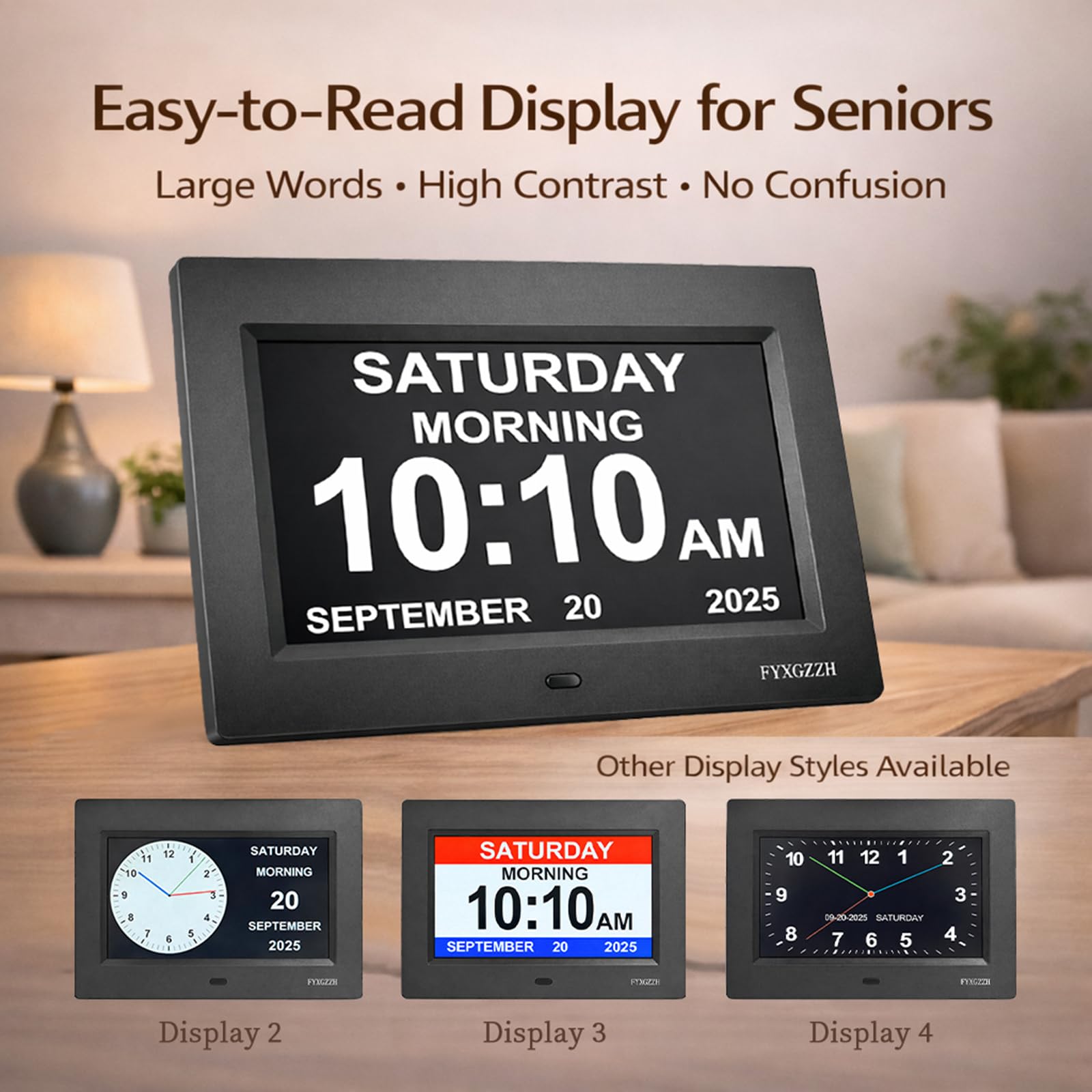 FYXGZZH large numeric time display supporting quick orientation throughout the day.
