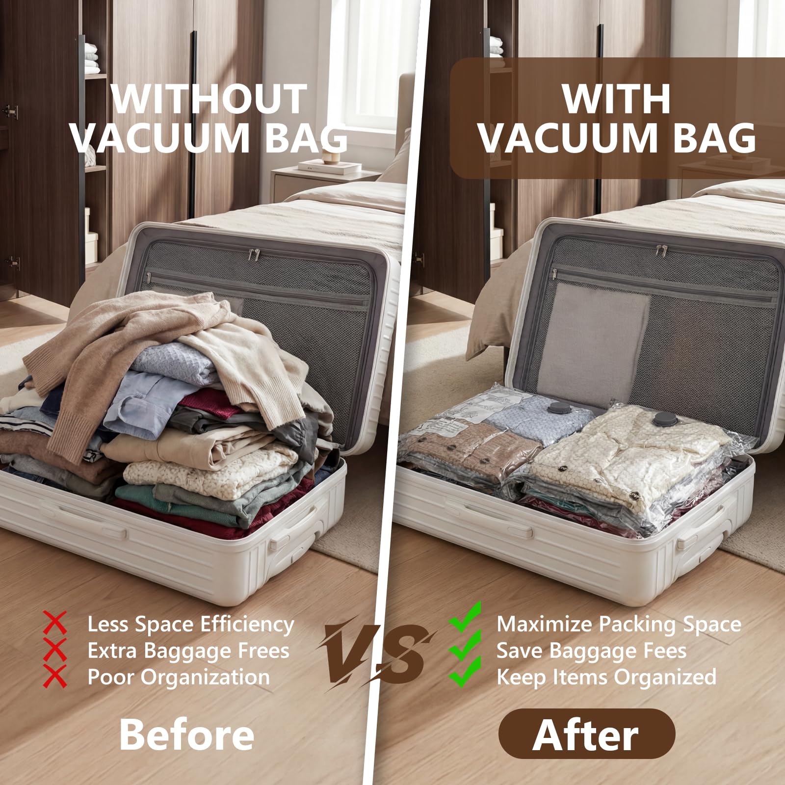 FYXHHOT carry-on vacuum bags fit in your luggage, saving space.