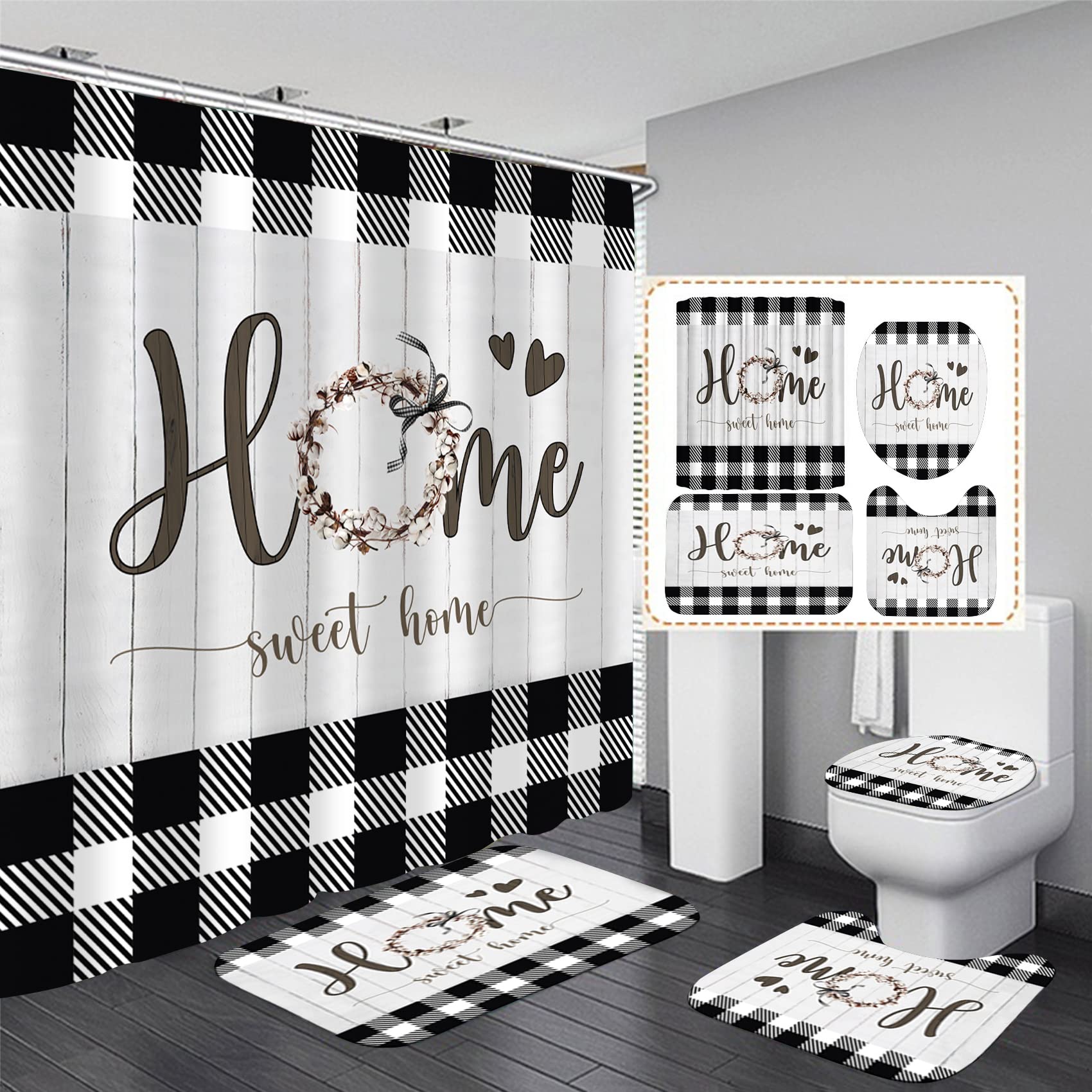 FZDHHY black and white shower curtain with rustic plaid pattern enhances bathroom style.