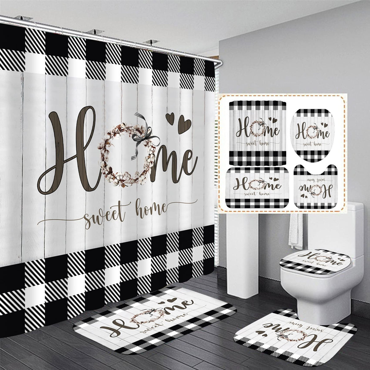 FZDHHY black and white shower curtain with rustic plaid pattern enhances bathroom style.