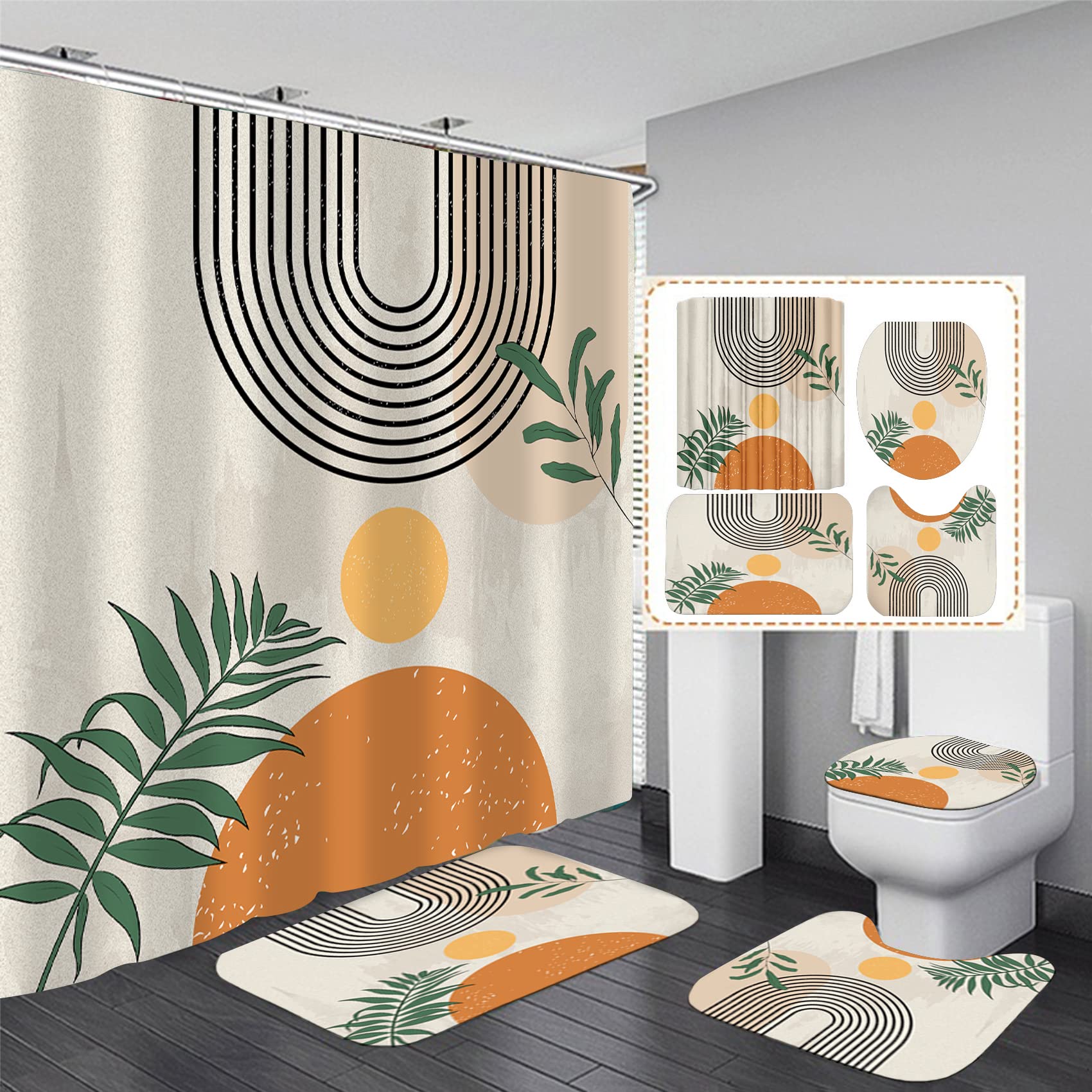 FZDHHY shower curtain hung on rod showcasing vibrant orange retro design