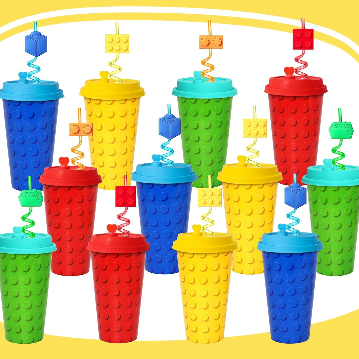 FZR Legend building blocks cups with lids shown in bricks design for parties and drinks