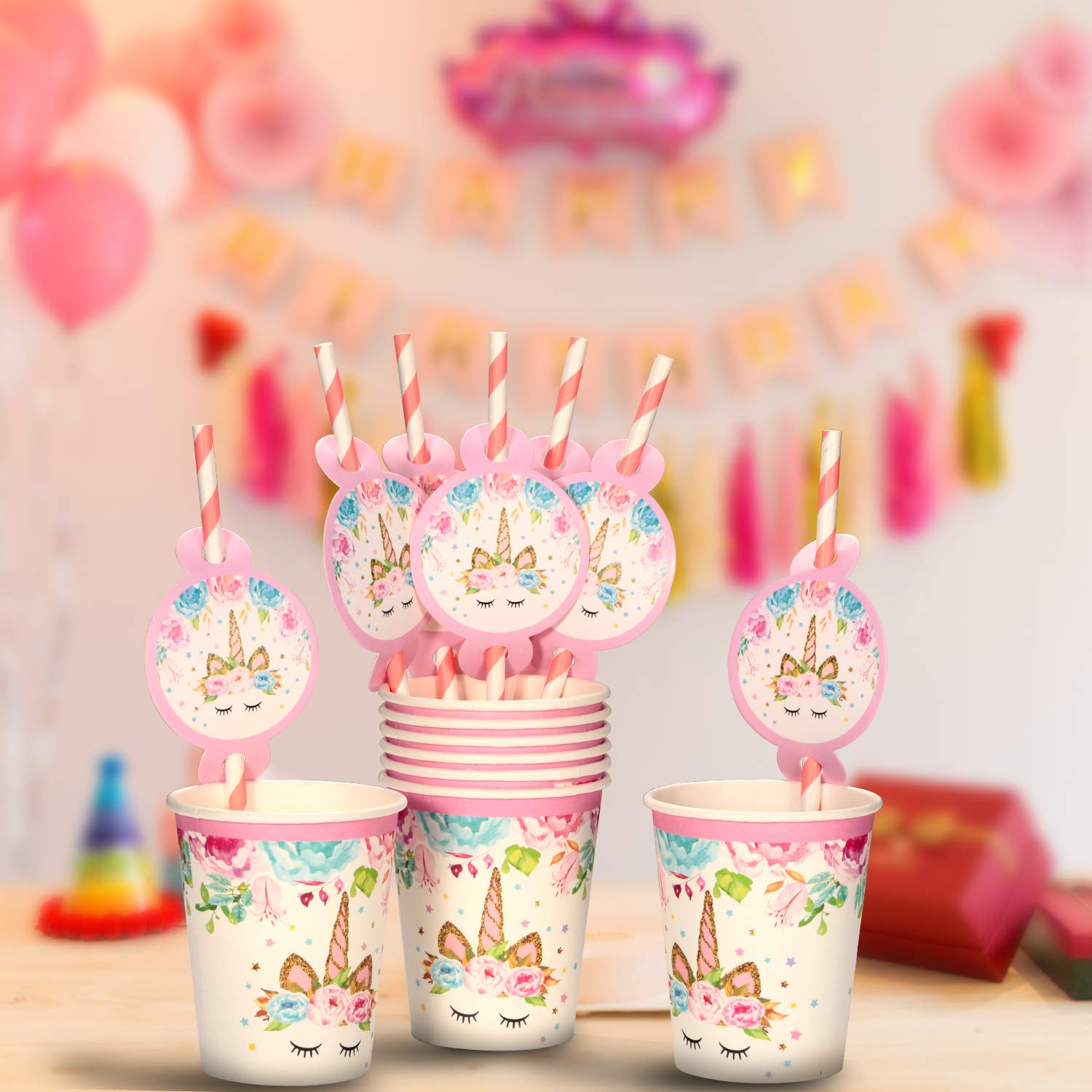 FZR Legend Rainbow Unicorn straw decorations enhance table décor.