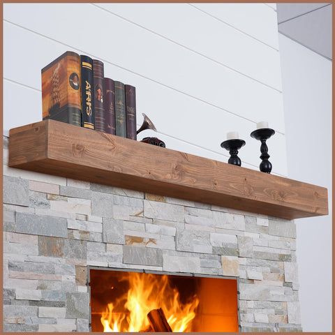 G GOOD GAIN fireplace mantel in dark walnut above a cozy fireplace, showcasing books and photos.