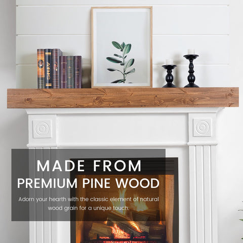 G GOOD GAIN mantel closeup highlights the natural pine wood grain and rustic charm.