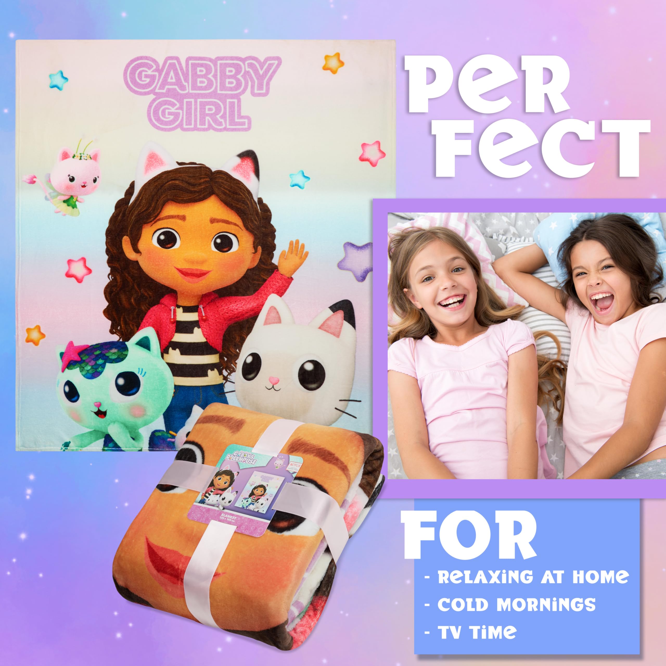 Gabby’s Dollhouse fleece blanket provides ultra-soft warmth for movie nights.