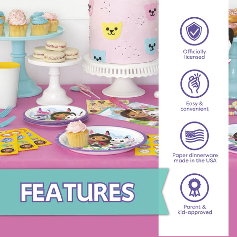 Gabby Dollhouse heavy-duty paper tableware supports snacks and meals.