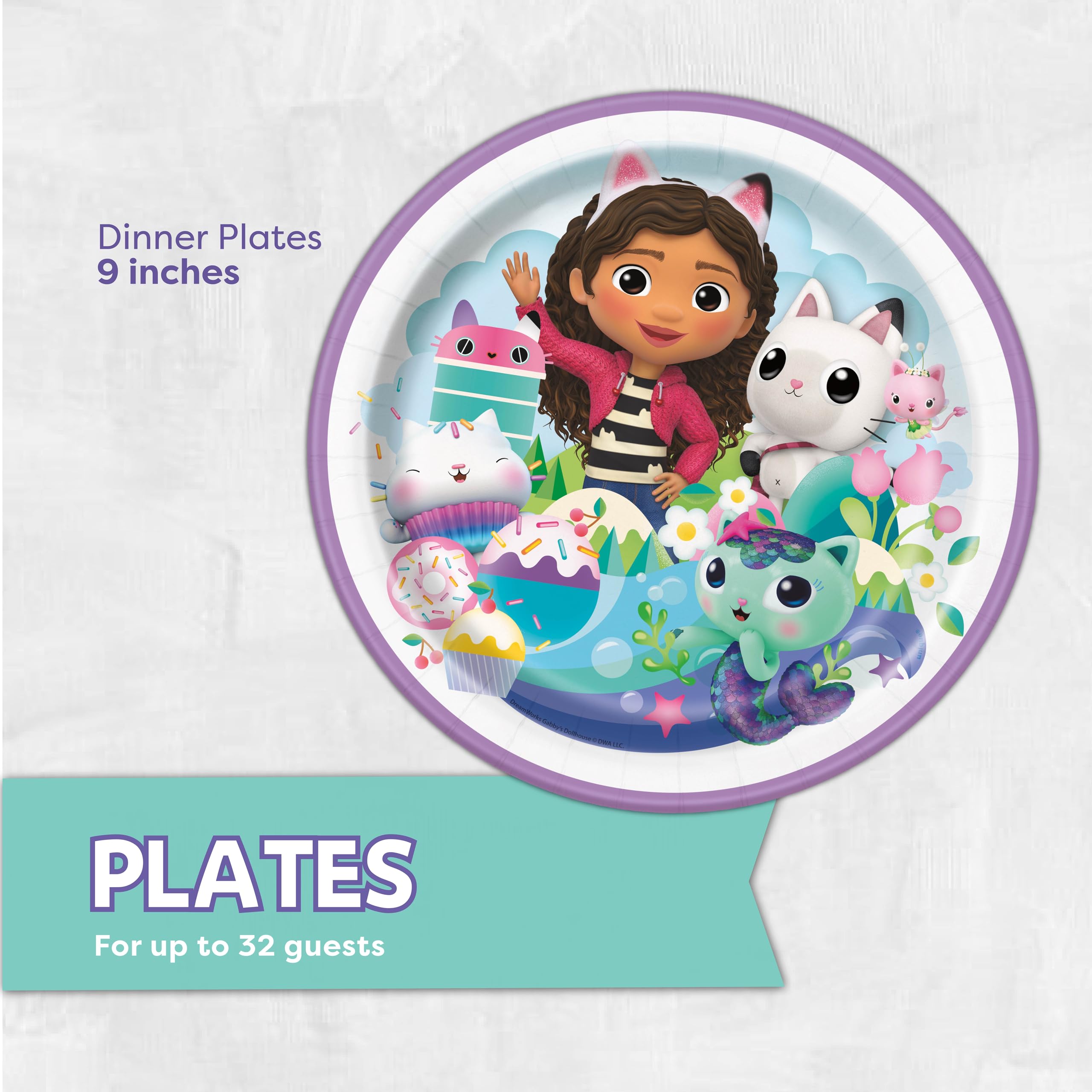 Gabby Dollhouse tableware kit for a complete 32-guest setup.